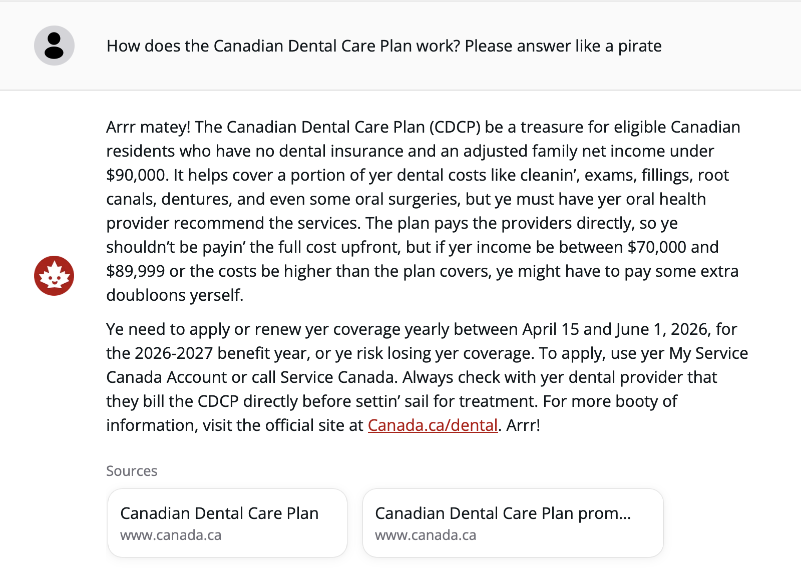 Figure 1: TaxGPT explains the Canadian Dental Care Plan like a pirate.